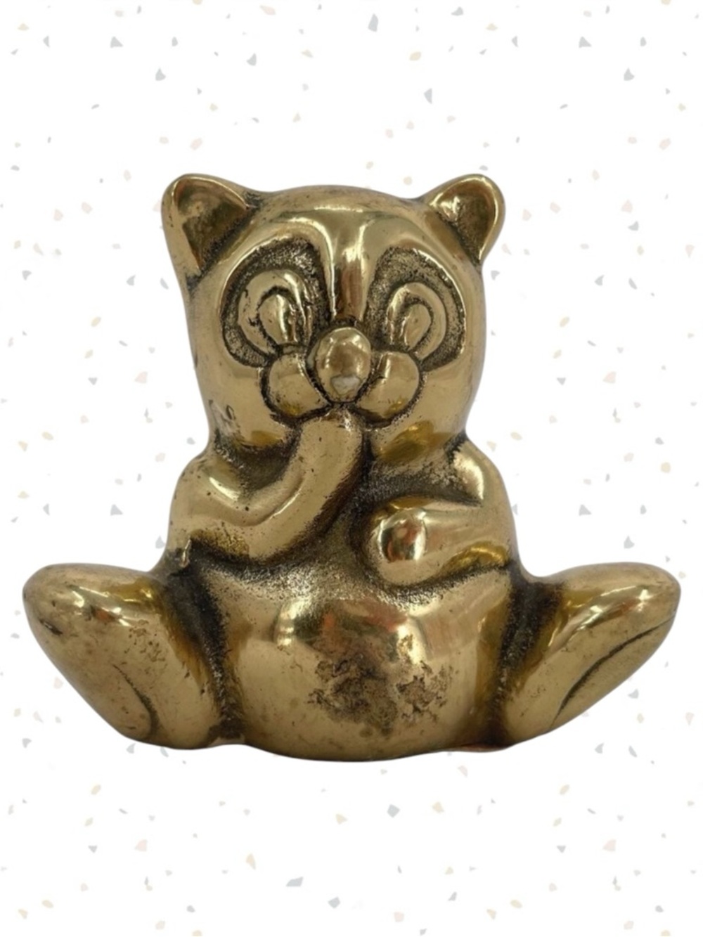 Vintage Brass Bear Happy Panda Paw Mouth Eating Figurine Reflective Shiny Gold